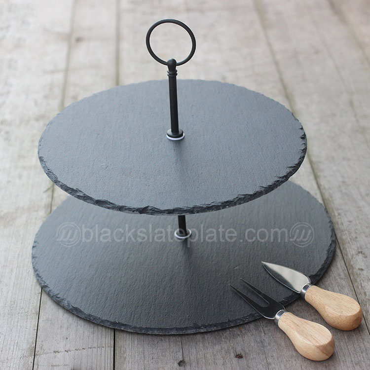 Food  contact 2 tires round black slate cake stand