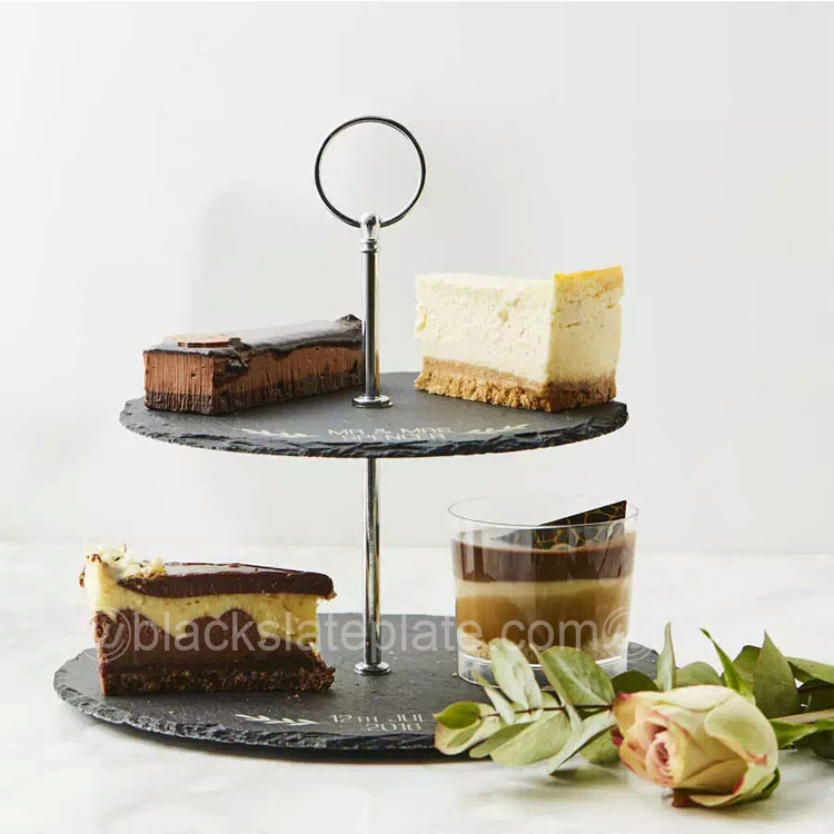 Personalised MR&MRS wending 2 tires round black slate cake stand