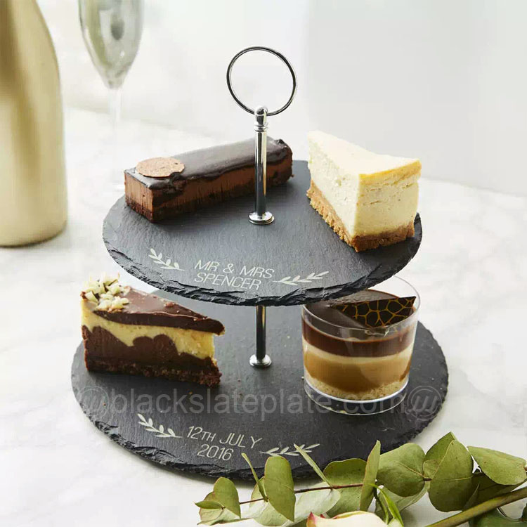 Personalised MR&MRS wending 2 layer round black slate cake stands
