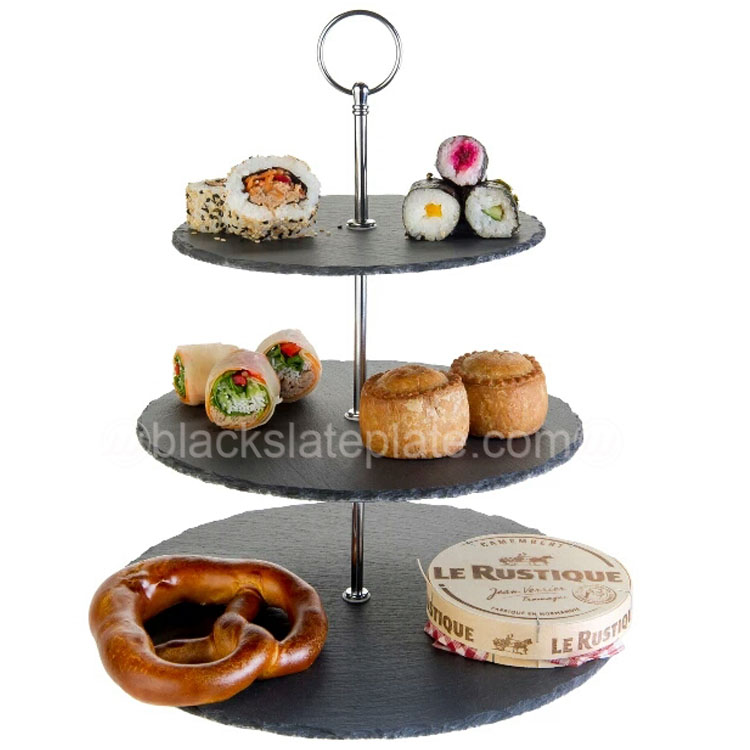 Natural food contact 3 tires slate cake stand for home and restaurant