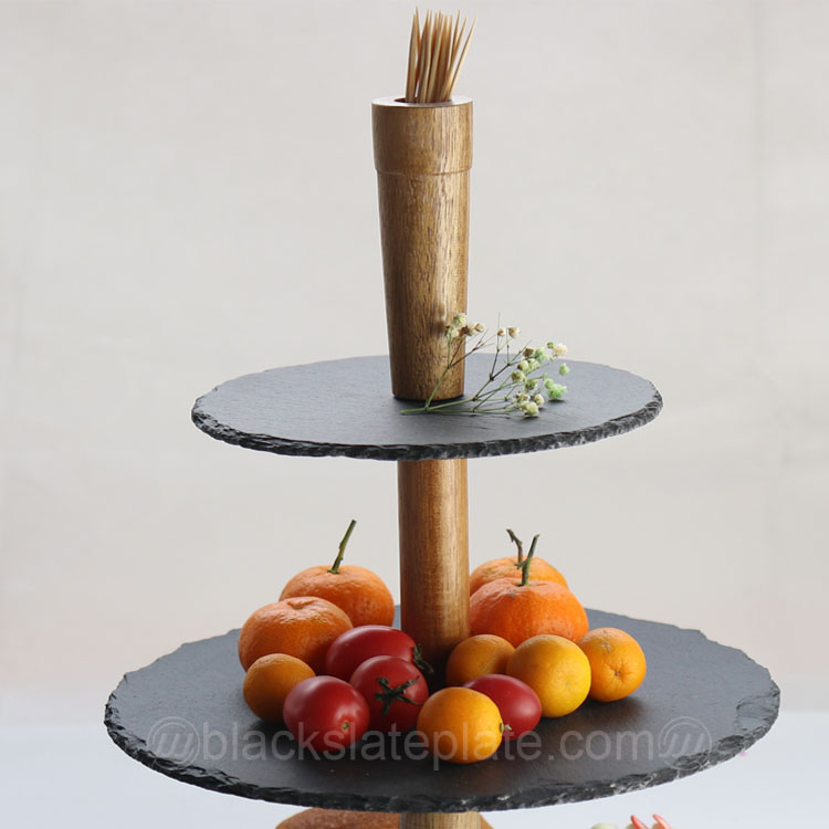 Natural food contact wooden holder 3 tires slate cake stand for wedding food displaying