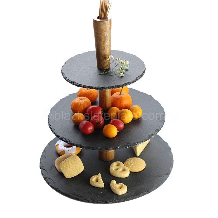 Food contact wooden holder 3 tires slate stone cake stand plate for restaurant