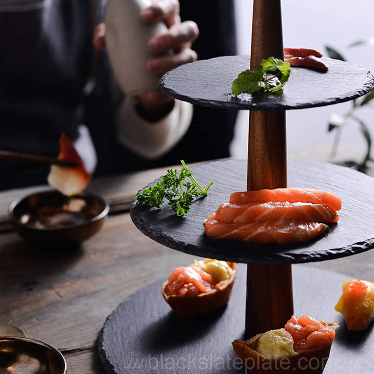 三层木头柄日本料理寿司用黑色板岩圆形酒店和家用食物摆盘摆架