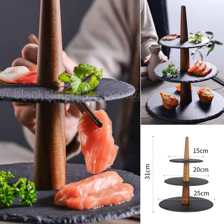 Sushi wooden holder 3 tires slate stone cake stand for food displaying