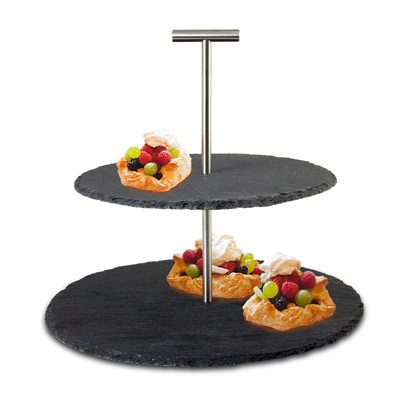 Stainless steel 2 tiers natural black slate stone cake stands plate