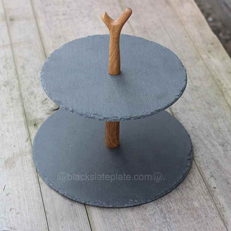 2 tires round wooden holder black slate cake stand for food displaying