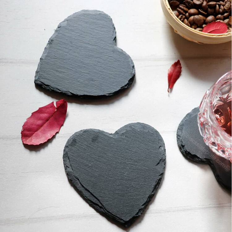 Promotional Natural Stone Black Square Slate Coasters in heart shape
