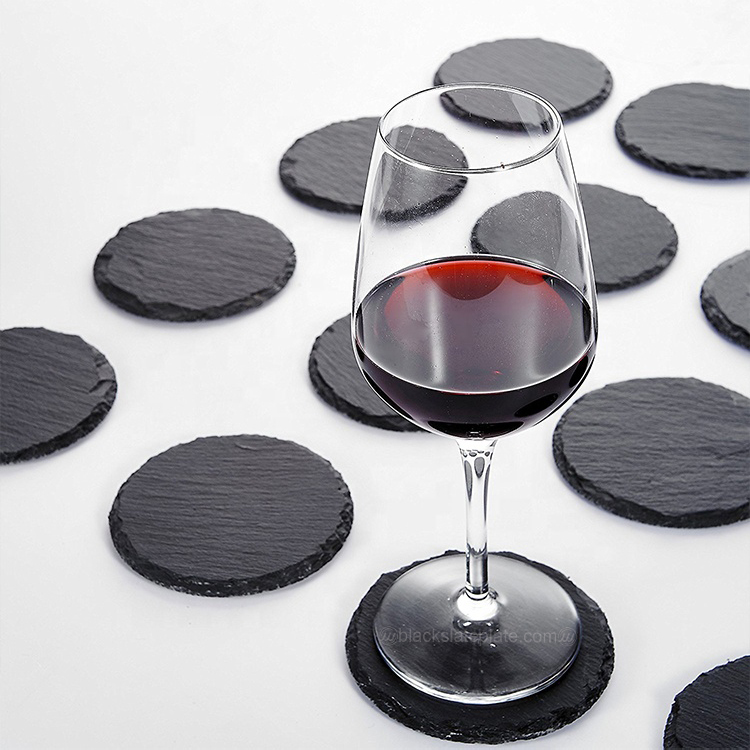 促销用天然黑色圆形板岩石头红酒酒杯垫餐垫