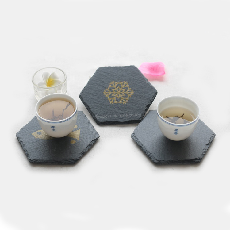 厂家直销可定制创意六边形丝印黑色板岩杯垫  咖啡杯垫 酒杯石垫