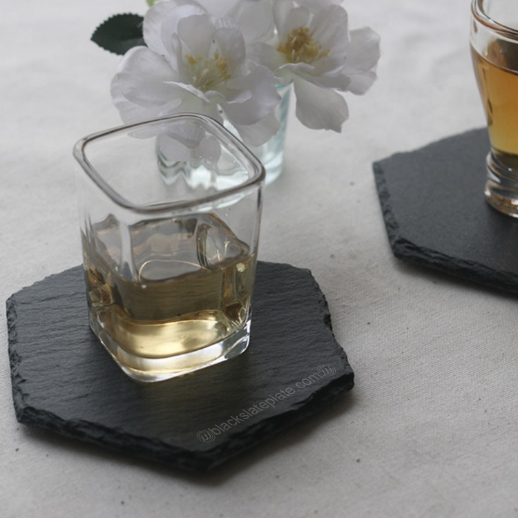 可定制创意纯天然六边形丝印黑色板岩杯垫  咖啡杯酒杯石垫