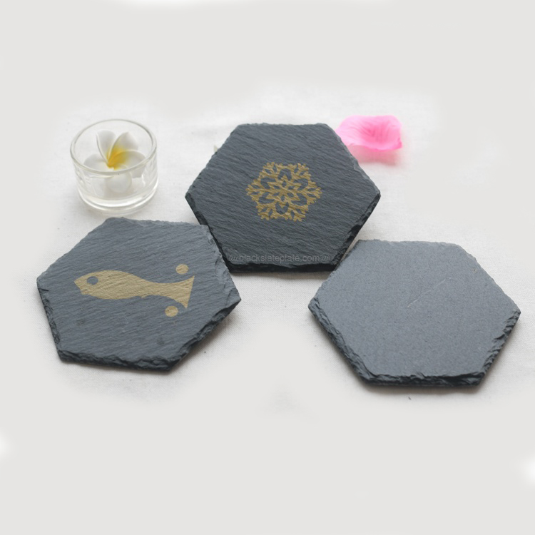 Custom hexagonal shape Screen Printing slate stone coffie drink cup coasters
