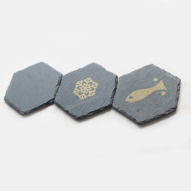 Custom hexagonal shape Screen Printing slate stone cup coasters with natural split