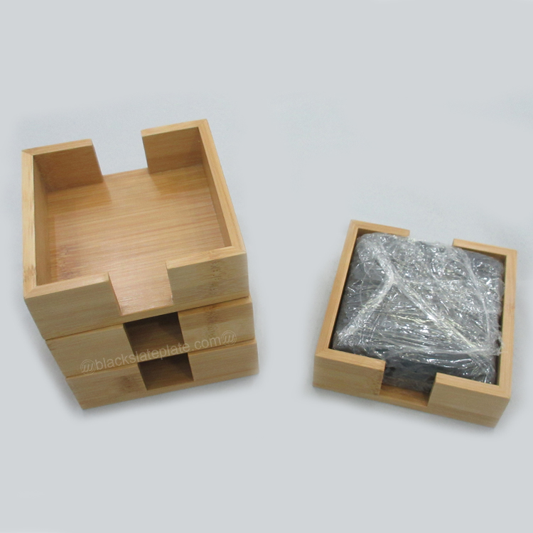 四片一套出口热销相思木方形板岩餐垫竹木盒套装