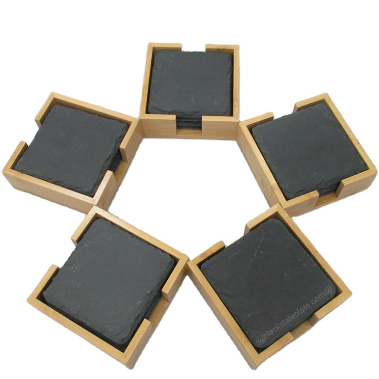 4 Pack black square Cup coaster Mats Pad Set with  wood holder