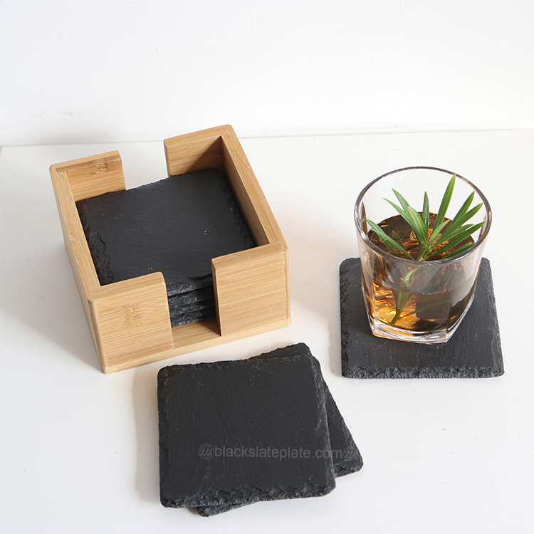 Hot Sale Custom  square Shape Stone Drink Mat Black Marble Coaster Set with Bamboo Holder