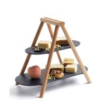 Foldable 2 tiers wooden black slate stone cake stands for restaurant