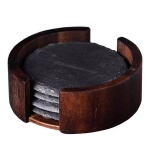 Natural round black slate stone mat drink coaster set with bamboo holder